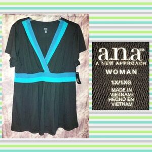 a.n.a. A New Approach Blk w/Teal Blue Stripes Soft Knit Babydoll Top 1X(14/16)